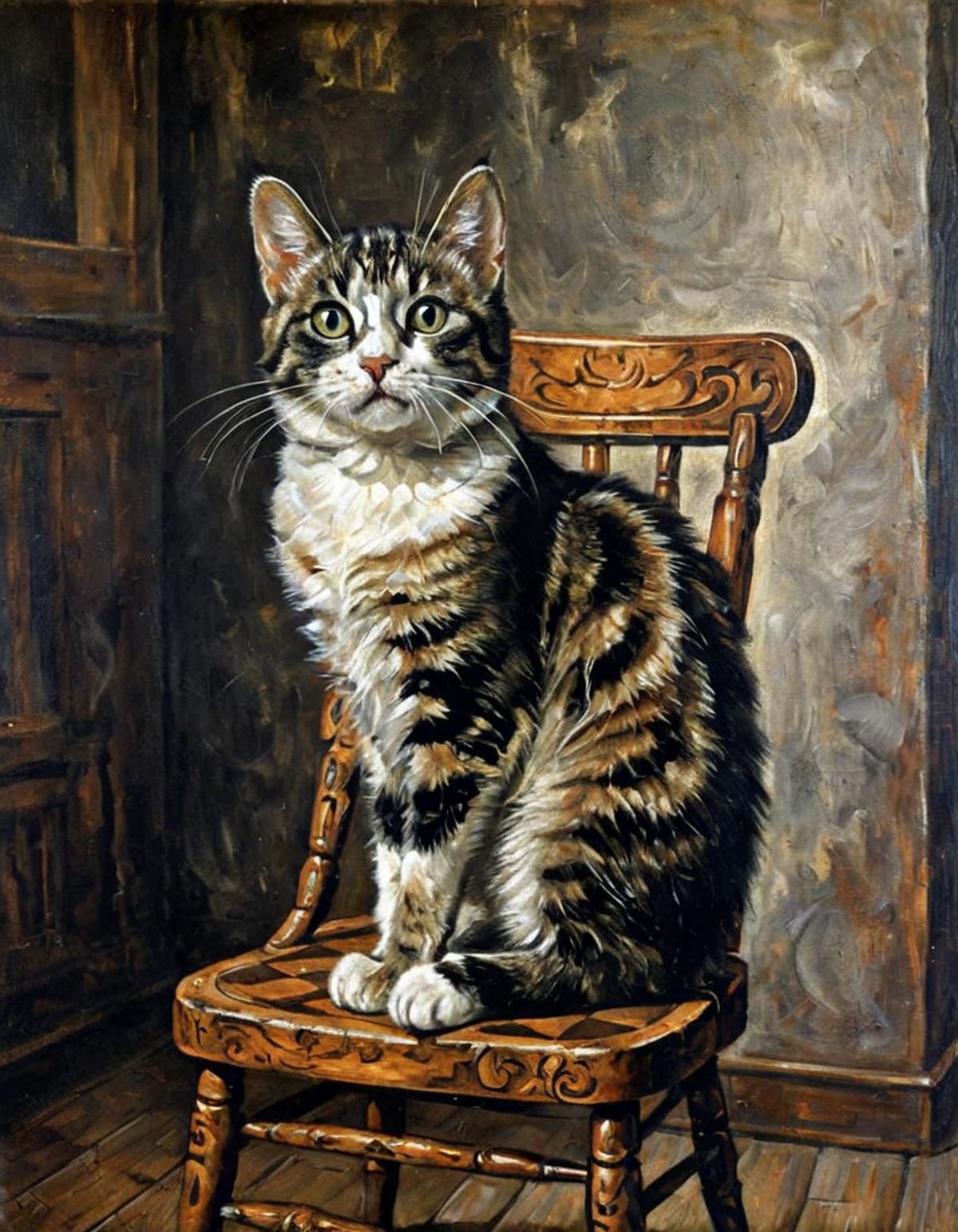 A cat sitting on a wooden chair with an intricate design.