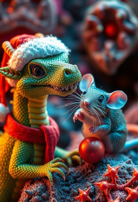 surreal VFX, nano-dragon wearin a Santa Claus hat and nano-rat best friends for life seen under an electron scanning microscope, with details, vivid colors