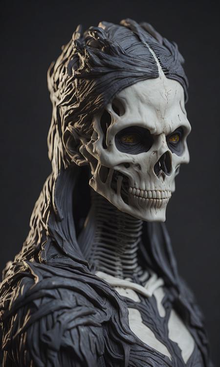 .photo realistic, ultra details, natural light ultra detailed marble sculpture of a female necromancer, skeleton face volumetric fog, Hyperrealism, breathtaking, ultra realistic, ultra detailed, cyber background, cinematic lighting, highly detailed, breathtaking, photography, stunning environment, wide-angle