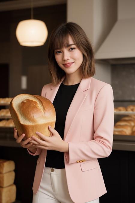 photo realistic, masterpiece, best quality, studio lighting, solo, jmc <lora:jennettemccurdyV01:1>, <lora:polyhedron_skinny_all:.3>, pink suit, holding a ((bread,puff)) (Urn) with ((two hands)) , light smiling ,  blonde highlights with bangs , bakery background,(looking at viewer, realistic eye and face details),film grain:1.5, Kodak Max 400 Film), (nsfw:1.2)