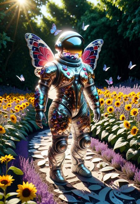 A seasoned astronaut made of tech butterfly in a sleek, reflective space suit, complete with a bulky helmet that gleams under the sunlight, stands amidst a vibrant garden filled with blooming flowers of all colors—crimson roses, golden sunflowers, and lavender violets. The lush greenery surrounding the astronaut creates a stark contrast to their metallic attire. tech butterfly flutter above, tech butterfly creating playful patterns on the ground. The scene evokes a whimsical high tech, blending the extraordinary imagery of space exploration with the tranquility of nature. The artistic style is hyper-surealistic, capturing every minute detail of the astronaut's suit and the intricate textures of the flowers and foliage.butterflyStyle, made of tech butterfly