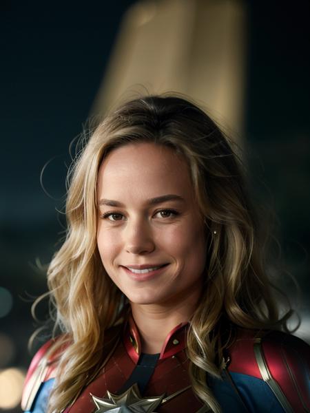 <lora:bri3ver2:0.6>, bri3,a woman,blonde hair,long hair,smile,stars,night,masterpiece,film grain,out of focus,motion blur,wearing captain marvel costume, by greg rutkowski