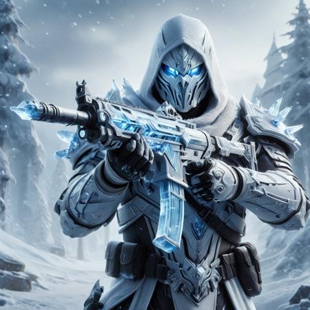 a realistic action shot  of a fantasy game character wielding an assault rifle made of ice, pointing at the camera, wearing white armor, snowing allay in background, digital art, HD, masterpiece, best quality, hyper detailed, ultra detailed,