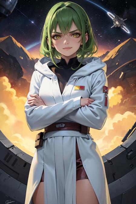 masterpiece, best quality, absurdres, 1girl, solo, JediOutfit, robe, belt, green hair, medium hair, yellow eyes, smirk, crossed arms, space station, <lora:JediOutfit:1>