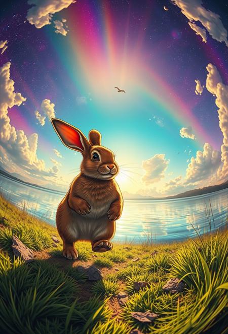 comic (rabbit) is (running:1.05) to the viewer whilst Moulting,, (dynamic:1.1), sun rays,, (taken by 7.5mm fisheye lens:1.1) (looking to the right)
=
With a rainbow nebula background elements . Epic dynamic lighting .(2. Serene Lakeside Sunset)
=
=
((Vivid, HDR, Canon50, 8K,  Hyper Realistic, Dramatic, Epic, Dynamic Contrast, Cinematic Lighting)) (((Zoomed Out, Far away Shot)))
= 
  <lora:juggernautXL_version6Rundiffusion:0.8>  <lora:crystalClearXL_ccxl:0.8>
((Vivid, Epic, Dynamic contrast)) (((Zoomed out, Far away shot, In frame)), By art germ . graphic illustration, comic art, graphic novel art, vibrant, highly detailed