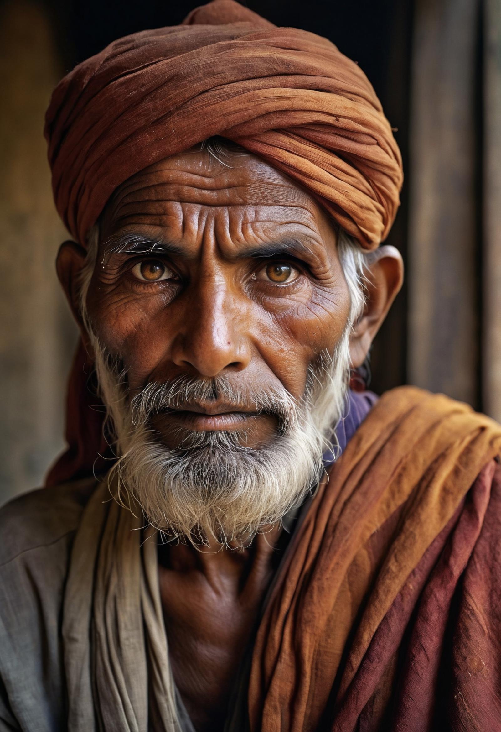 Older man with a red turban and a scruffy beard looking at the camera.