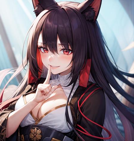 close up, face focus, upper body, 1girl, fox ears, red eyes, shushing, evil smile, large breasts, japanese clothes
<lora:Concept_Shushing:1> 
<lora:AZ_AkagiClassic:1>