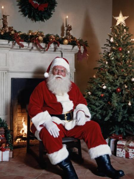 full body photo of Santa, seated, fireplace and christmas tree in background