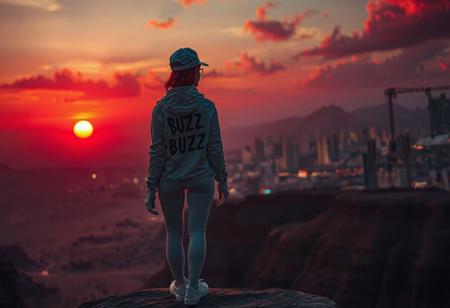 golden rule, perfect quality, 16k, very detailed, highly detailed, realistic, photorealistic, ultra sharp, scineastic, , colorfull, in a desert, warm red early morning, hot, detailed soft glowing clouds. dim red sun, city lights and high buildings in the far background, dark shadows, strong shadows, dramatic lighting, dark theme, dark, rimlight, highly detailed, close backshot, low angle, woman, slim, adletic, slender, standing on a cliff, writing "BUZZ" on jacket, back to the camera, short red glowing hair, thight white jacket, white cap, tight white leggings, white sneakers, white tight gloves, slim body, tight ass, tight legs,