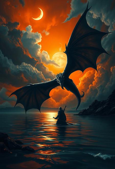 A low angle closeup, captivating, dramatic scene in a painting that exudes mystery and foreboding. A dark orange navy sky, swirling clouds, and a crescent moon illuminate a fearless warrior against the massive flying black dragon near the water's edge, silhouetted against the eerie glow. The water mirrors the navy orange sky and moonlight, amplifying the stunning atmosphere. This vibrant, cinematic work of conceptual art creates a haunting impression., vibrant, conceptual art, painting, dark fantasy, cinematic