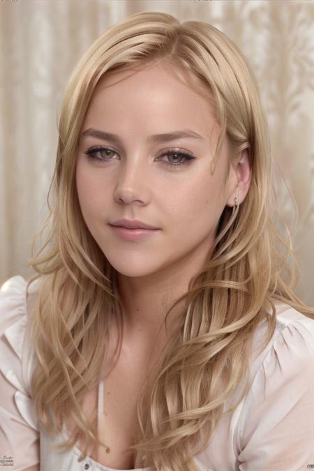 real, masterpiece, best quality, (detail skin texture, ultra-detailed body),
<lora:AbbieCornish_smf_lora_v02-000004:1>, 1girl, 4b6i3c-smf, solo, blonde hair, realistic, long hair, lips, white shirt, upper body, brown eyes, smile