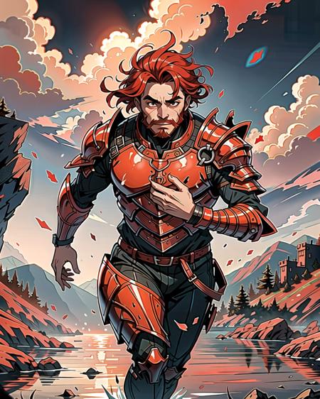 ((masterpiece), best quality, high quality, professional quality, highly detailed, highres, perfect lighting, natural lighting), (1boy, overweight, handsome, no facial hair, short hair, red hair), wearing armor, running, by a lake