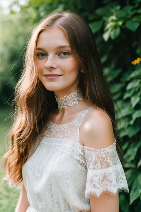 head and shoulder shot, a portrait of a beauty wo_angb01, lace choker, long brown hair, nude, detailed skin, (slight smile:1.2), (high detailed:1.2), garden background, 8k, uhd, dslr, soft lighting, high quality, film grain, Fujifilm XT3, <lora:woAngelinaB01:0.85>