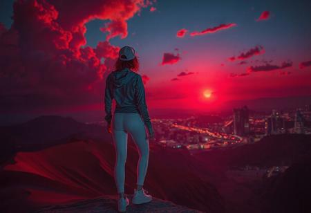 highly detailed cgi artist Style, colorfull, in a desert, warm red early morning, hot, detailed soft glowing clouds. dim red sun, city lights and high buildings in the far background, dark shadows, strong shadows, 
dramatic lighting, dark theme, dark, rimlight, highly detailed,  low angle backshot, woman, standing on a cliff, back to the camera, short red glowing hair, thight white jacket, white cap, tight white leggings, white sneakers, slim body, tight ass, tight legs,