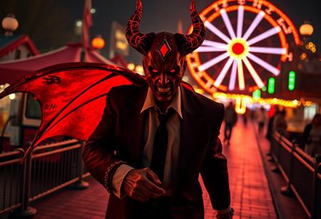 "Create a highly detailed, micro-focused image for the Pexels contest, featuring Florida Governor Ron DeSantis as a Satan-like  from Ice Age Panic. Utilize directional path tracing and the golden ratio to create depth and realism. Set in a theme park at night, with evil glowing crackling lighting magic to emphasize an eerie, hellish atmosphere from 1744667075.1807618. Add a sense of motion and suspense as Satanic DeSantis embarks on an ominous path, capturing the evocation of the scene."