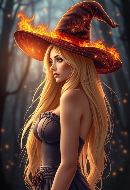 (((side view)))
a beautiful woman with long blonde hair and big natural breasts wearing a witch hat made of gold and fire, glowing light particles and sparkles in the style of glitter and diamond dust, hyper-realistic fire, fairycore, magic, masterpiece, best quality, highly detailed, sharp focus, dynamic lighting
(((full-clothed))),
BREAK 
(fantasy forest background:1.9) score_9, score_8_up, score_7_up, score_6_up, source_cartoon, rating_explicit, Expressiveh, (((((full body))))), dynamic pose
<lora:DandonFuga_Style_v.2_-_Pony:0.8>