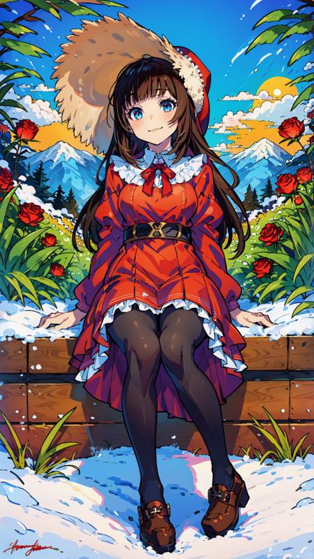 masterpiece, high quality,
winter, snow field, 1girl, bangs, blue eyes, blunt bangs, bonnet, brown footwear, brown hair, dress, frills, fruit, full body, hat, long hair, long sleeves, looking at viewer, pantyhose, purple dress, red flower, red rose, rose, shoes, sitting, solo, sky, sun, mountain, forest, lake,
 <lora:tutu's Vibrant Colors:0.75>