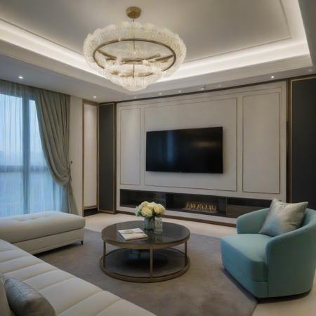 <lora:JJsAffordableLuxury_XL:1>, ((Affordable Luxury)), ((masterpiece)), ((best quality)), scenery, real world location, realistic, high detailed,, soft lighting,  (indoor) , no human,  window, ((sofa)), pillow, table, television, ceiling light, carpet, curtain, chair, flower,
