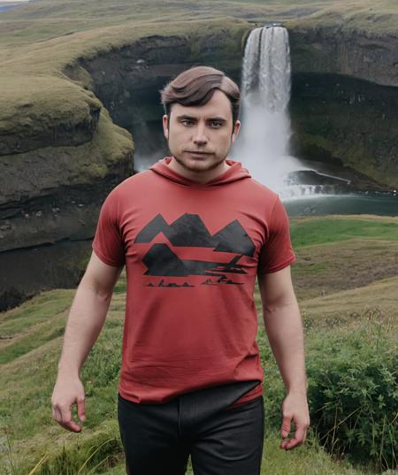 tabitha, mountain, standing,  looking to viewer, 1man, male focus, grass, iceland, red t-shirt, black jeans <lora:Tabitha:0.8>