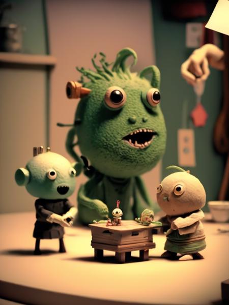 <lora:STOP-MOTIONANIMATION:1>STOP-MOTION ANIMATION style cute Japanese chibi lovecraftian creatures 3d animated style, movie color cinematic production still, shot on 35mm film