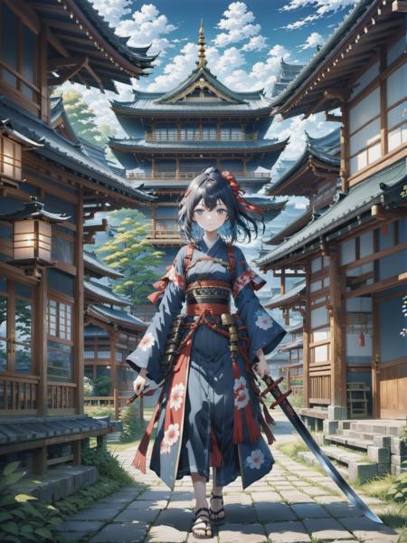 japanese anime girl with japanese sword,japanese house,