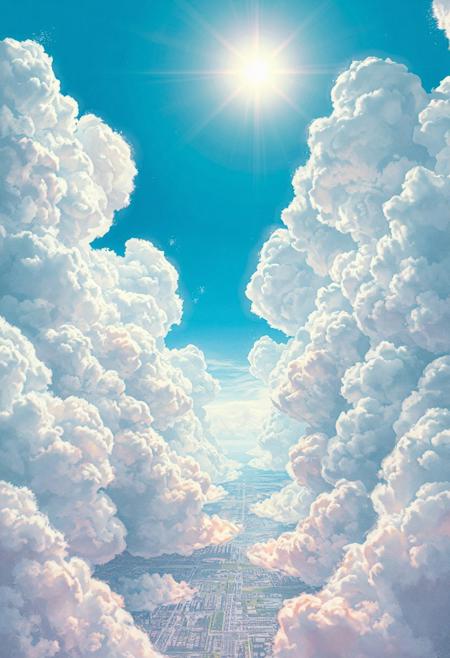 Vast anime-style sky with a massive textured cloud cover stretching across the entire scene, intricate structural cloud formations with detailed bumps and organic folds, scattered open gaps revealing patches of bright blue sky, cinematic view over a peaceful cityscape below, soft sunlight streaming through cloud breaks, pastel color palette (baby blue, soft white, light pink), highly detailed Ghibli-inspired artwork, hyper-realistic watercolor texture, dreamy and emotional atmosphere, 4K ultra-high resolution, sparkling sun in the upper-left corner with glittering rays shimmering through the clouds