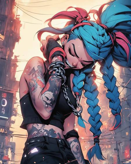 1girl, jinx (league of legends), solo, open mouth, long hair, jewelry, braid, tattoo, blue hair, earrings, closed eyes, tears, crying, necklace, arm tattoo, outdoors, twin braids, teeth, fangs, fingerless gloves, city, building, upper body, floating hair, torn clothes, angry, glowing, multicolored hair, gloves, bare shoulders, chain