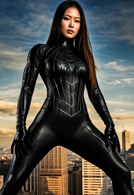 score_9, score_8_up, score_7_up, best quality, realistic, masterpiece, beautiful detail, hyperrealistic, afternoon sky, ((1girl, woman body, big breasts)), amazing detailed full body portrait of a beautiful japanese girl, wearing a realistic and highly detailed black raimi spider-man suit, ((huge muscular girl)), professional model wears ultra - detailed black raimi spider - man suit, ultra - detailed and grained black raimi spiderman suit, suit covered entire body and hand, black spiderman gloves, wet, (spread leg), (full body), (dirty skin), close up, octane render, highly detailed, volumetric, dramatic lighting, (highest quality:1.1), (HDR:1.3), (top quality, best quality), realistic, high definition, Expressionism - sharp focus, professional photography, masterpiece, ultra detailed photograph, high quality, 8k,