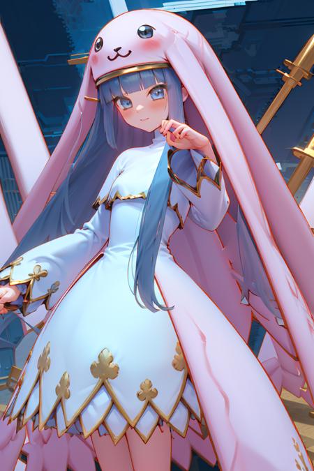 Sistermon Ciel,1girl,solo,blue hair,long hair,dress,very long hair,white dress,long sleeves,small breasts,<lora:ï¼äººç© ä¿®å¥³å½ç½ï¼Sistermon Blanc:1>,, (masterpiece), (best quality), HDR, intricate detail,