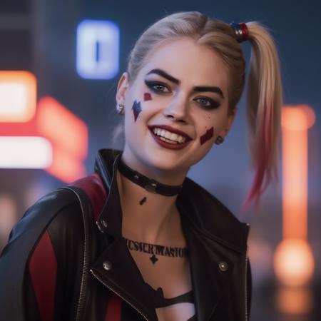 photo of ohwx woman as harley quinn, in the movie Suicide Squad, dyed hair, highly detailed, cinematic look, city at night, cinematic,  <lora:Kate Upton:1>