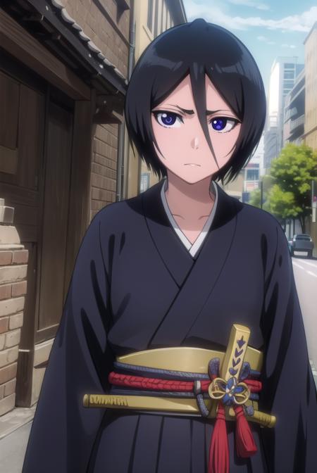 rukiakuchiki, <lora:rukiakuchiki-lora-nochekaiser:1>,
rukia kuchiki, shorthair rukia, short hair, black hair, hair between eyes, (purple eyes:1.1),
BREAK weapon, japanese clothes, sword, kimono, katana, sheath, hakama, black kimono, long sleeves, wide sleeves,
BREAK outdoors, city
BREAK looking at viewer, (cowboy shot:1.5),
BREAK <lyco:GoodHands-beta2:1>, (masterpiece:1.2), best quality, high resolution, unity 8k wallpaper, (illustration:0.8), (beautiful detailed eyes:1.6), extremely detailed face, perfect lighting, extremely detailed CG, (perfect hands, perfect anatomy),