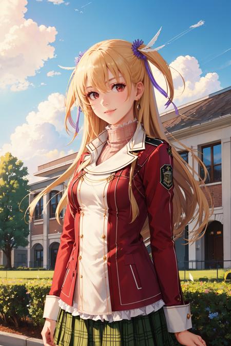 masterpiece, best quality, alisa reinford, sen1alisa, two side up, purple ribbon, turtleneck, red jacket, green miniskirt, upper body, standing, looking at viewer, sky, clouds, school building, outdoors, furrowed brow, smile  <lora:alisa-nvwls-v2-000009:0.9>