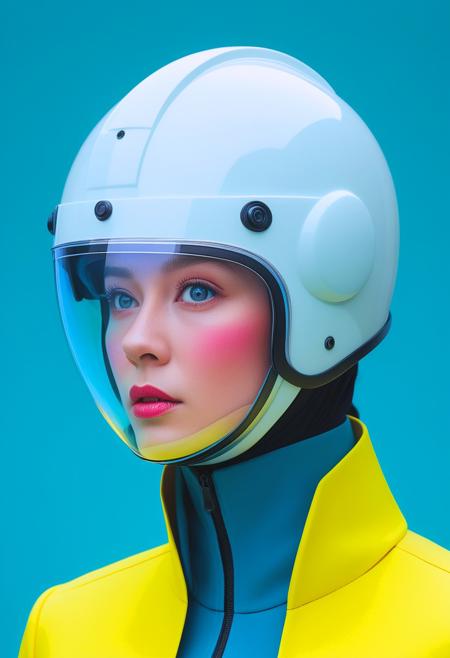 an upper body portrait by (Anna Dittmann:0.1) and (Eiko Ojala:1.5) and (Hayv Kahraman:0.1), left 3/4 perspective view, a blonde woman looking up wearing a protective riot protection helmet and colour-tinted face protection designed by Apple. her skin is flawless and radiant with a subtle texture and natural beauty marks and her eyes peering through the tinted visor are clear and sharp. the helmet boasts a clean and pure design aesthetic with sleek unadorned surfaces and smooth flowing lines, eliminating unnecessary flourishes and embracing geometric simplicity. the helmet is (secured tightly by a nylon chin strap:1.3). matte anodized aluminum accents introduce a subtle, non-glossy finish to key design elements, complementing the overall design. the composition is asymmetrical and dynamic, intricate details, masterpiece, best quality, Vaporwave style, retro aesthetic, cyberpunk, (vibrant neon colours:1.2), vintage 80s and 90s style, highly detailed, futuristic, atom age, retro-future, neon gradient background, catchlight in the eyes, light reflecting in the irises.,  <lora:SDXL - Detail Tweaker XL:1>