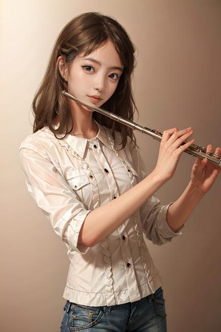 1girl, playing flute, flute, masterpiece, best quality, 8k, indoor, jeans, golden hair
 <lora:brass_flute:0.76>