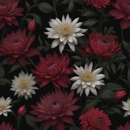 illustrate an intricate floral arrangement bursting with life against a stark black background, focus on detailed petals of deep reds, each stroke adding depth and realism to flowers, flowers should appear luminous, with dewdrops accenting their edges, giving a fresh and serene vibe, overall composition should balance vibrant life of flowers with void-like darkness, creating a striking contrast