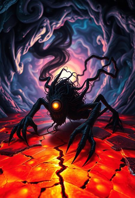 twisted, elongated creature with sharp, sinewy limbs and clawed hands crawling across a glowing, fractured red and black ground, its body made of intricate, web-like tendrils resembling tangled roots; the creature's shadowy face features a glowing, singular circular eye that pulses faintly with light, surrounded by flowing dark masses resembling smoke or hair. The background swirls with chaotic fractal patterns in deep blues, purples, and fiery reds, resembling a warped, nightmarish tunnel. The scene is lit with harsh, neon-like lighting, casting sharp contrasts and reflections on the creature’s body and the jagged surface beneath, with an otherworldly glow emanating from the tunnel's fiery center. High contrast, sharp details, and eerie, swirling textures dominate the surreal composition.