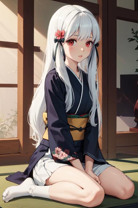 masterpiece, best quality, absurdres, 1girl, solo, SophiaAscart, long hair, hair ribbon, indoors, kimono, hair flower, floral print, wariza, sitting, hands on own knees, <lora:SophiaAscart:1>