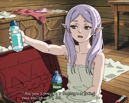 masterpiece, best quality,  <lora:FrierenHoldingObjectV1-000150:1.0>, FHO, holding water bottle, 1girl, solo, white hair, english text, subtitled, open mouth, towel, indoors, naked towel, wooden floor, bare arms, sitting