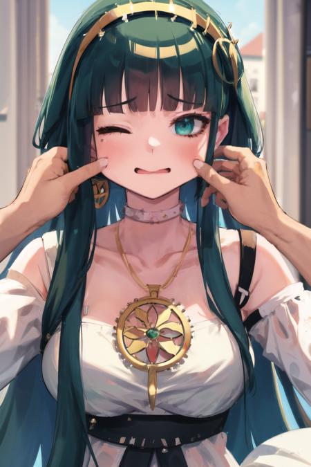 masterpiece, best quality,1girl, <lora:FGOCleo:0.9>,fgocleo, dining room, cleodress, white dress, cross-laced dress, 1girl, long hair, blunt bangs, bangs, green eyes, very long hair, green hair, hairband, jewelry, earrings, hoop earrings, breasts, medium breasts,pendant,<lora:cheekpinching-12:1.2>,cheekpinching,cheek pinching, holding,upper body,one eye closed,looking at viewer,pov,