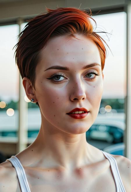 (Close up analogue photo) of a beautiful 25 years ((pale skin)), oval face, auburn haired woman, <lora:Jacinta_SDXL:0.8>,wearing Dog Tattoo, (short-hitop-fade-haircut:1.3),,high quality, film grain, Fujifilm XT3, 8k uhd, dslr, film grain, kodak tri-x 400 film, grain photo DOF, faint lighting, dynamic angle, cinematic, Depth of field, bokeh, best quality, cinematic, light particles, highly_detailed, very_aesthetic, golden hour, beautiful_and_aesthetic ,Sexy pose, erotic pose, exhibitionism ,art gallery exhibition hall