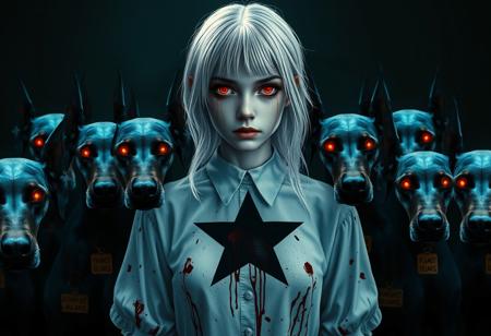 Photograph of a pale girl with white hair and blood splattered on her white blouse stares at the viewer with a haunting gaze. Her blouse has a black motive of a 5 point star in her chest. Her eyes glow in red. She is surrounded by 12 blue dobermans with glowing red eyes. Each doberman has glowing red eyes and wears a tag with a unique name on its chest. The scene is set in a dark swamp. Refracted light, subsurface scattering, caustic lighting