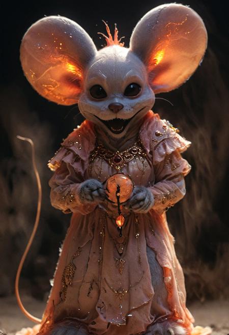 Closeup portrait. face closeup, 3d depth of field Simulation, closeup portrait of an fluffy high detailed furry evil oriental diddl mouse hkmagic overlord at night, high collar translucent galaxy luminous gown, orange glowing translucent skull staff , oriental desert themed city, realistic, depth of lenticular, dramatic, bold lines async, deep blacks, illuminated from behind, holy Aura, Long dense grown river