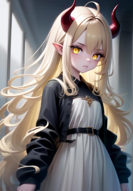 1girl, long hair, blonde hair, yellow eyes, demon horns, long hair,