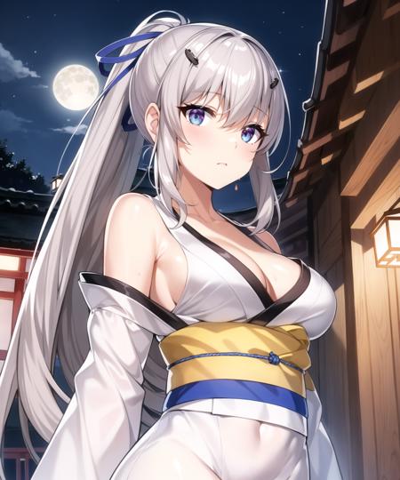 (masterpiece), best quality, ultra-detailed, illustration, warm lighting, bright colors, blue eyes, blue ribbon, bare shoulders, grey hair, hair ornament, hair ribbon, very long hair, midriff, ponytail, seoyoon,  medium breast, 

((expressionless)),

beautiful detailed sky, moon, night time,

kimono, old Shinto shrine in the background, Japan,

 <lora:seoyoon:0.65>