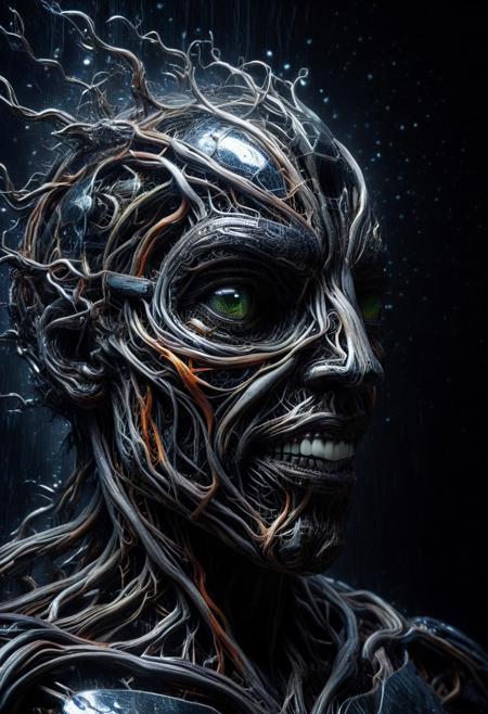 masterpiece, professional photography, insane quality, close-up view of a robotic face like Terminator - a hi-tec sci-fi robot made from chrome steel glass morph-treeroots, smiling, flirting, hypnotic eye blinking, burning planet, solemn atmosphere, rain drops on drak black background, scifi, metal mixed with wires and glass, hi-tec, geometric asymmetrical composition, photo for movie poster, aesthetics:1.3, 4k, highest resolution, negative space above, intricate details, depth of field:1.4,  dramatic light, atmospheric lighting