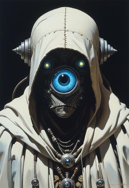 2d, oil painting, dark fantasy style, Dark cyberpunk artwork, Extremely hyper realistic detailed (shaman), by Frank Frazetta, (blue eyes:1.3), (glowing eyes:1.3), (Reichenow's riflebird:0.3), high quality, serious, DnD_Grainyboyz, grainy, noise,
 <lora:tbh386-sdxl:0.55> 
 <lora:setzstyle7:0.85>
 <lora:add-detail-xl:1.05>