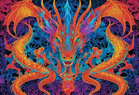 (Dragon:1.2), photonegative refractograph evokes a neon Rorschach pattern, with its vibrant colors and dynamic shapes
