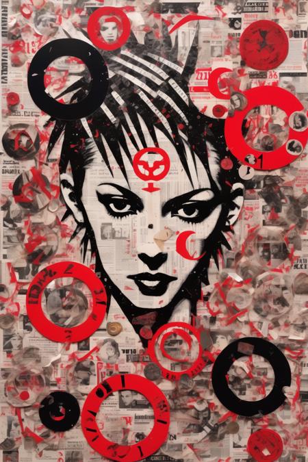 <lora:Punk Collage:1>Punk Collage - black, white and red, flat, 2D punk rock poster made up of magazine clippings that represent the Zodiac sign Cancer