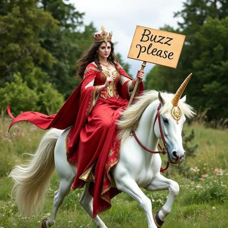Lady Godiva riding a white unicorn. Holding a sign that says "Buzz please"