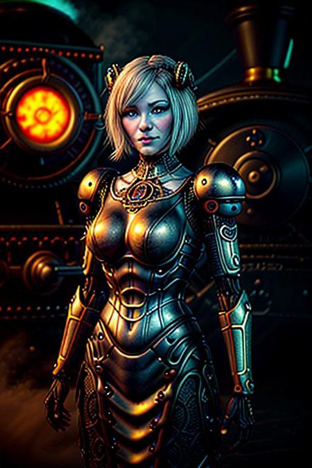 "A whimsical humanoid AI in a steampunk universe, her mechanical features crafted with brass, gears, and clockwork, delicately fused with organic materials like wood and lace. She wears a victorian-inspired dress with intricate designs, holding a glowing gear-shaped artifact. Her expression is serene, her blue eyes reflecting the light of a glowing steam engine in the background. Art style: vibrant and detailed, with warm metallic tones and vintage aesthetics." face close up,
NEG_EMBED_STABLE_YOGI_V3, cyberg1gerng, cyberg1gerng face,
